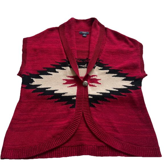 Chaps Cardigan Sweater Womens Lg Red One Button Short Sleeves Southwestern Aztec - Picture 9 of 9